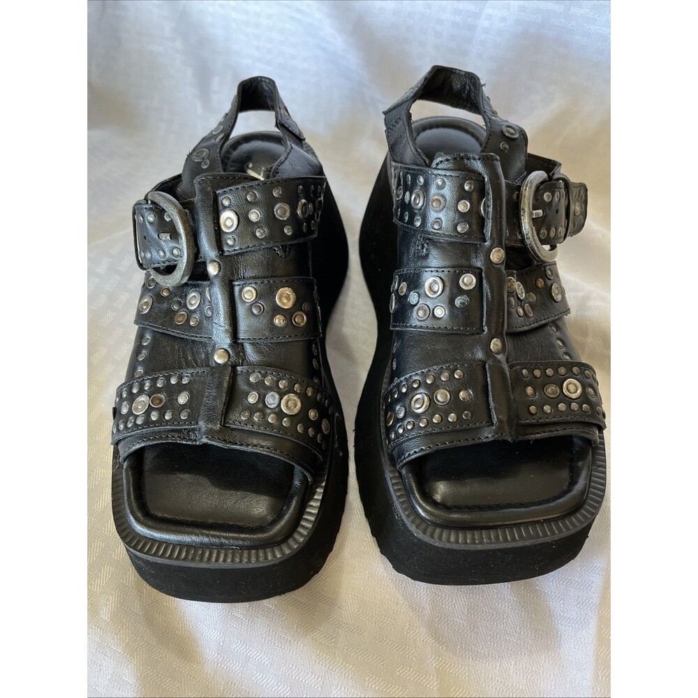 Free People Ace Studded Wedges Womens 7 Platform Black Leather Whimsy Goth - Picture 8 of 8